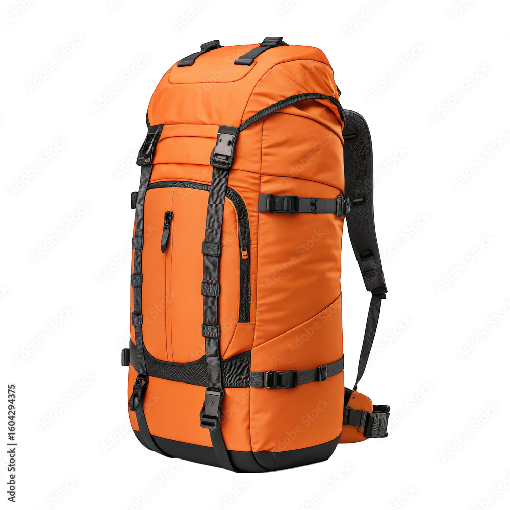 Fototapeta premium Bright orange hiking backpack with multiple straps and buckles isolated on transparent background