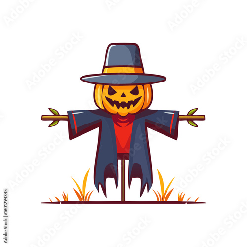 Scary Scarecrow wearing a Pumpkin Head Isolated on a Transparent Background 