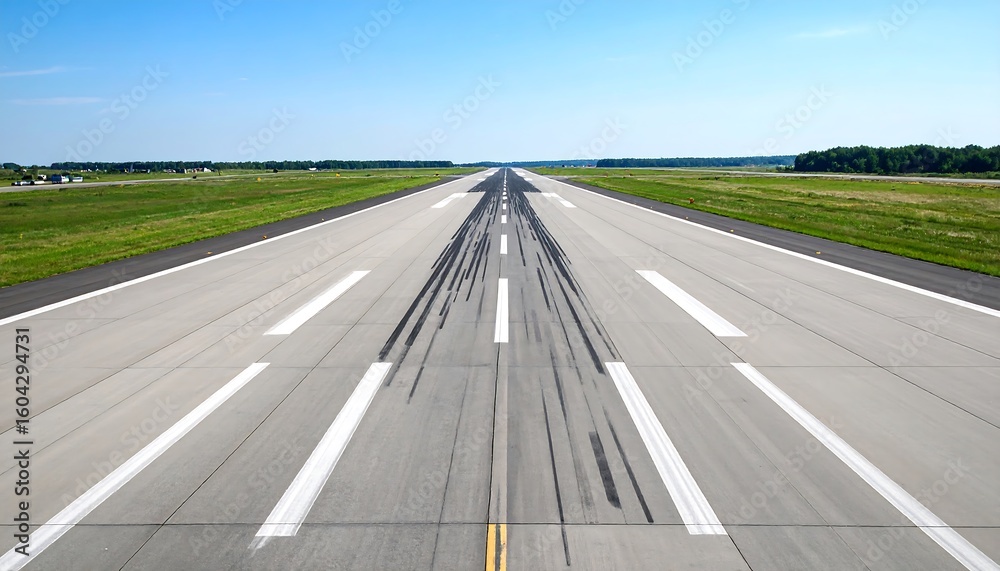 Fototapeta premium Extended perspective of empty runway with tire marks under vibrant blue sky expanse