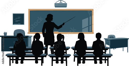 Teacher instructing silhouetted students in a classroom with a blackboard and desks