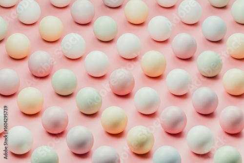 Pastel colored spheres arranged on pink background