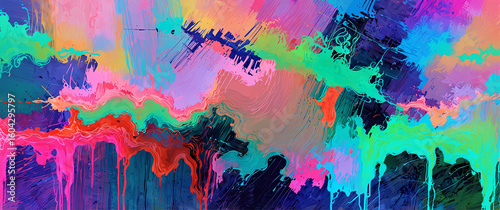 Colorful, abstract glitch art background, resembling splashed paint with vibrant hues dripping and streaking across the canvas