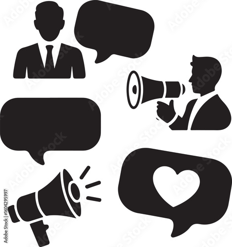 Dialogue Styles Solid Icons Set – Formal, Informal, Persuasive, Instructional, Empathetic Speech