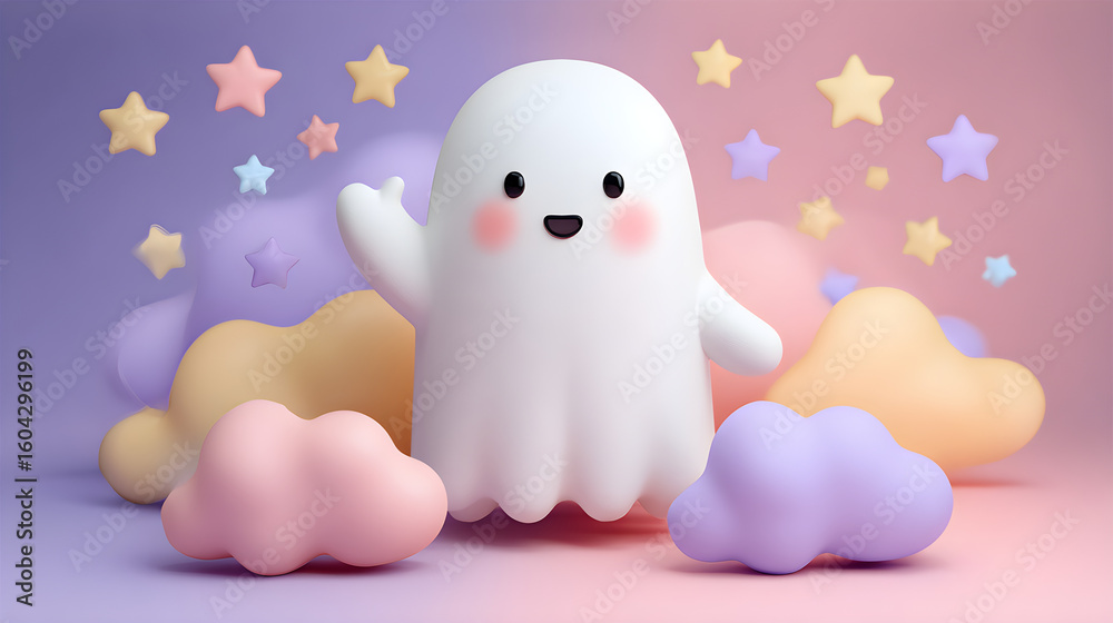 Adorable 3D ghost with round cheeks waving, surrounded by pastel clouds and stars