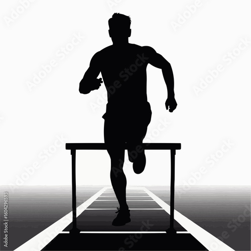 Silhouette of a man running over a hurdle bar in high contrast style  
