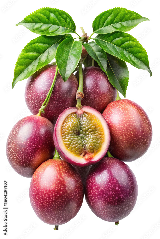 Fototapeta premium A group of ripe passion fruits with one sliced in half exposing seeds