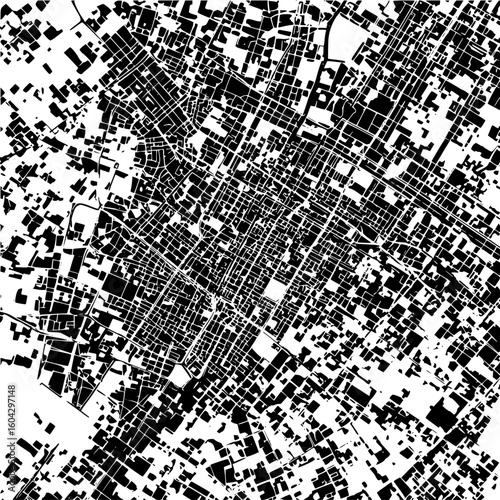 Aerial view of a city map with dense streets and buildings in black and white illustration style design