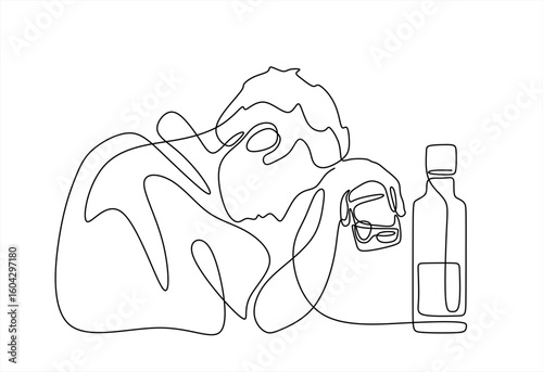 Man with glass and bottle of wine one line continuous line art drawing vector illustration isolated on white background. Character young male drunk at the table on a bar. Editable stroke.Hand drawn	
