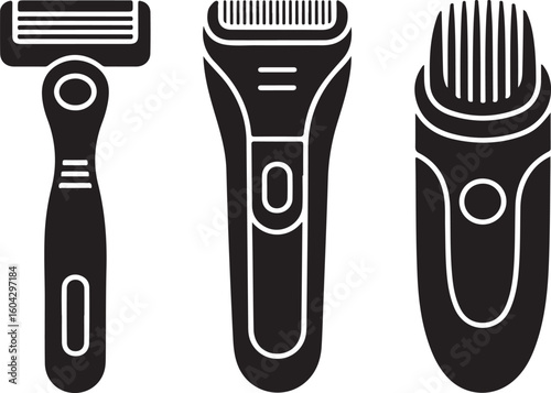 Electric Grooming Tools Solid Icons Set – Electric Razor, Beard Trimmer, Nose Hair Trimmer