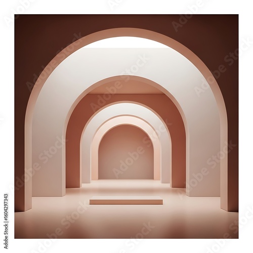 Symmetrical arched corridor in soft pink tones with a central platform, creating a modern, minimalist background.