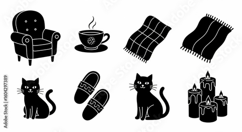 Cozy Home Doodle Icon Set – Hand Drawn Armchair, Teacup, Blanket, Cat, Slippers, Candles Sketch for Interior Vector Illustration

