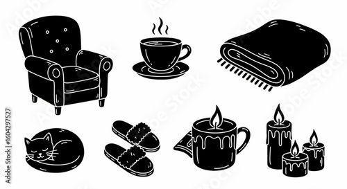 Cozy Home Doodle Icon Set – Hand Drawn Armchair, Teacup, Blanket, Cat, Slippers, Candles Sketch for Interior Vector Illustration


