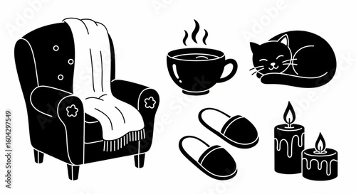 Cozy Home Doodle Icon Set – Hand Drawn Armchair, Teacup, Blanket, Cat, Slippers, Candles Sketch for Interior Vector Illustration

