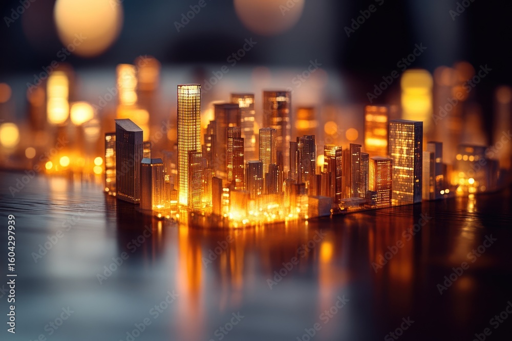 Fototapeta premium A miniature cityscape at night, illuminated with warm lights, reflecting on a dark surface.