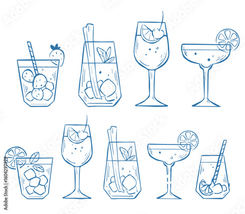 Collection of hand-drawn line sketches with different types of mocktails