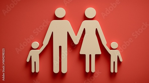 Inclusive family symbol displayed against a vibrant red background, representing unity and togetherness among parents and children in a contemporary style