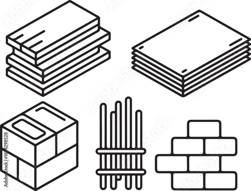 Basic Construction Materials Outline Icons Set – Lumber, Plywood, Drywall, Concrete Block, Rebar, and Bricks