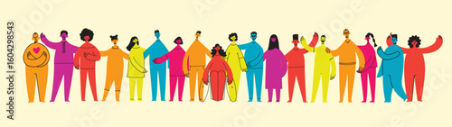 Vector illustration of Happy men and women holding hands together in the flat style. Concept illustration with characters. Stronger together