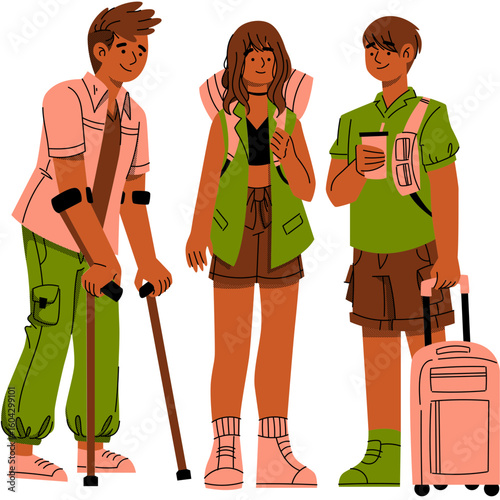 Diverse group of young adult travelers with luggage and mobility aid ready for inclusive adventure. Flat vector illustration of tourists exploring new destinations.