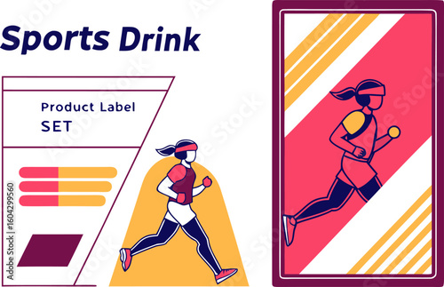 Sports drink product label set featuring athletic runner illustrations for branding and marketing campaigns