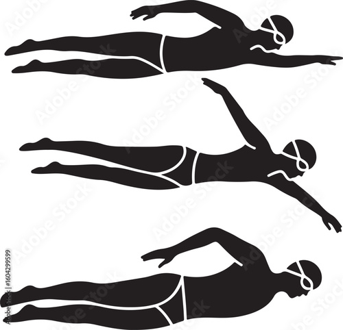 Competitive Swimming Silhouette Icons Set – Freestyle, Butterfly, Backstroke, Breaststroke, Diving Start, and Swim Cap