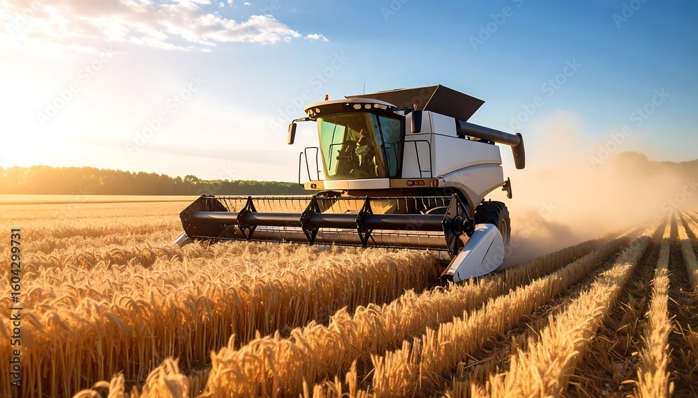 Fototapeta premium Harvester in golden field at sunrise
