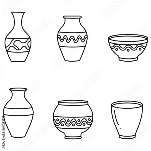 Collection of outlined hand drawn pottery vessels and decorative ceramic bowls isolated