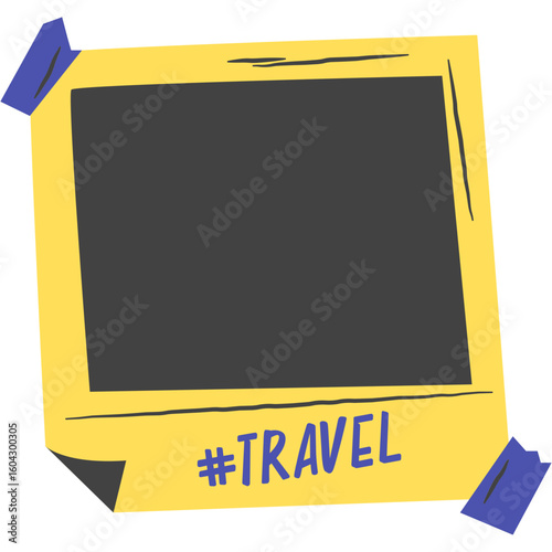 Vector illustration of a blank instant photo frame with a #travel hashtag. A template for vacation memories and scrapbooking.