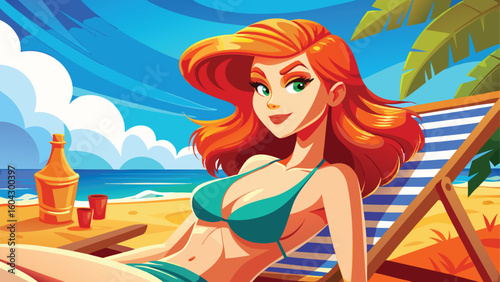 Red haired woman relaxing on a beach chair with drinks