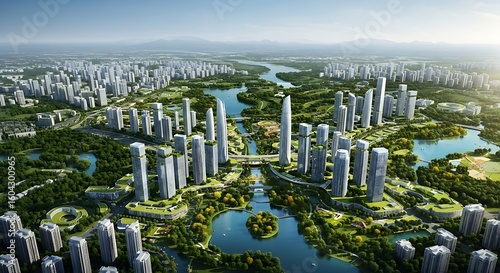 Aerial view of a modern, planned city with numerous high-rise buildings, lush greenery, and waterways.