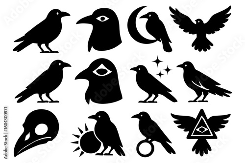 Mysterious crow and raven silhouettes with occult symbols in black and white design