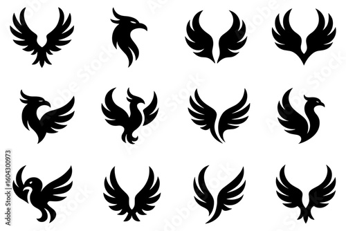 Set of bold phoenix bird silhouettes for logo design