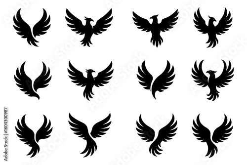 Silhouette phoenix designs with majestic wing variations