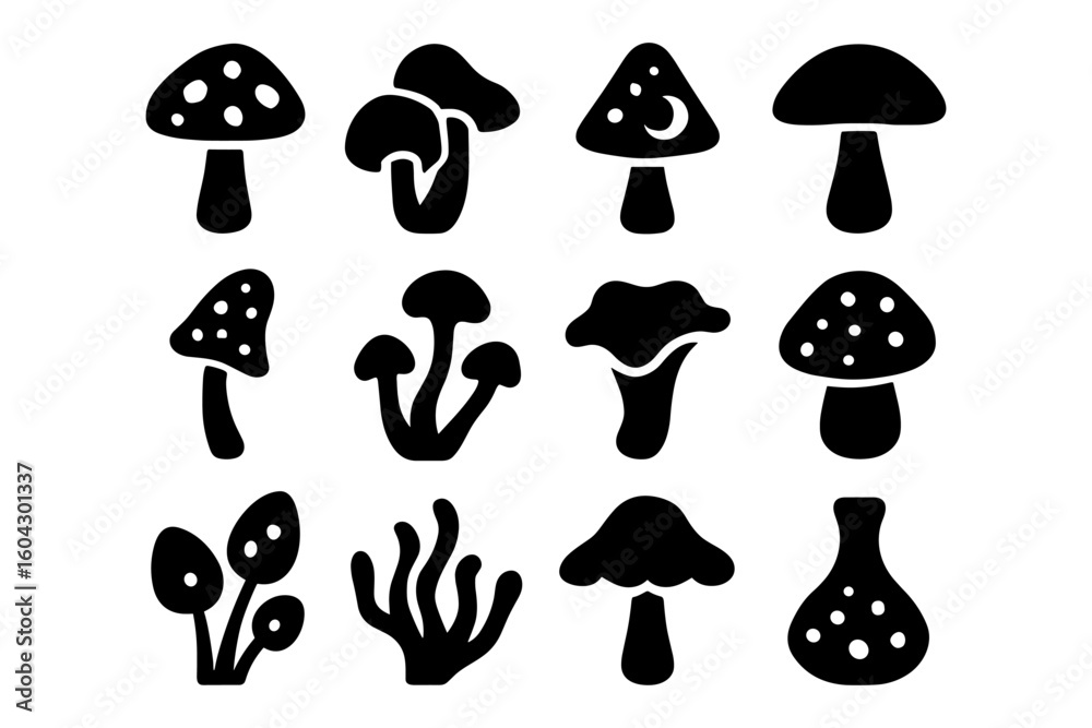 Set of black mushroom silhouettes featuring various shapes and styles Set of black mushroom silhouettes featuring various shapes and styles