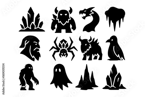 Silhouette fantasy creatures and icons collection for games and designs