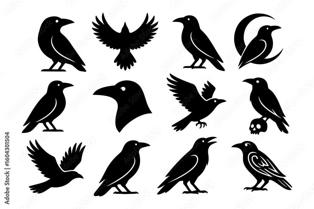 Naklejka premium Silhouette crows set: iconic bird designs and mysterious shapes