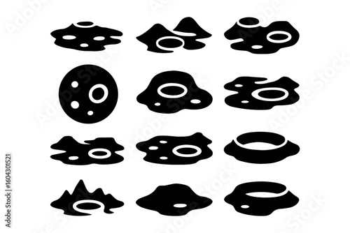 Silhouette set of alien landscapes and craters