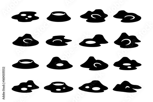 Silhouette set of volcanic eruptions and lava flow icons