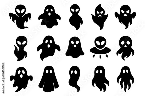 Collection of spooky ghost icons: halloween silhouette set