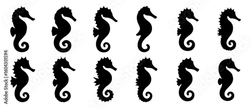 Silhouette seahorse icons collection: diverse marine life designs