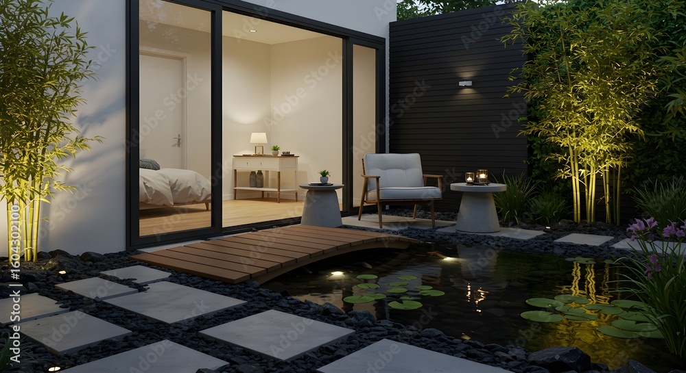 Fototapeta premium Modern Backyard with Koi Pond and Zen Bridge