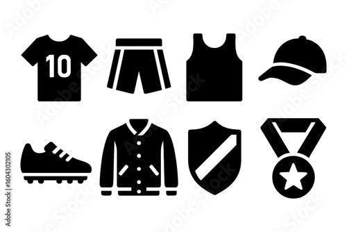 Black silhouette icons of sports apparel and equipment on white background