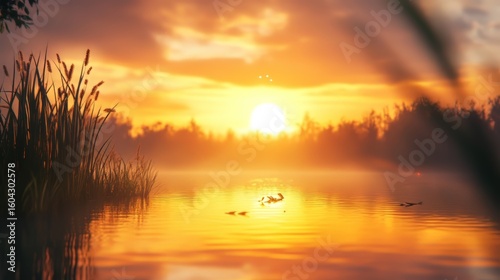 Sunset on a lake with reeds and peaceful atmosphere