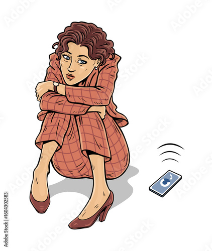 Woman in business suit afraid to answer phone call. Social phobia, stress at work, fear of boss and difficulties. Girl with psychological problem. Cartoon vector comic illustration. Hand drawn pop art