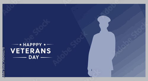 Happy Veterans Day silhouette banner, military tribute blue background, soldier remembrance graphic