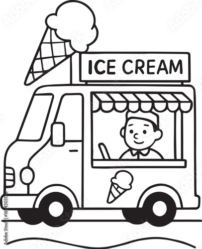 Cartoon ice cream truck with vendor selling treats