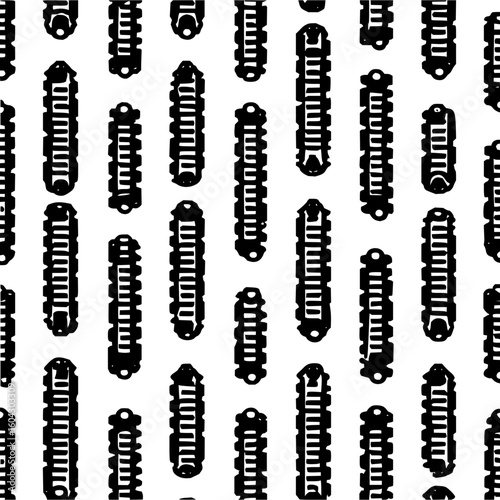 Seamless pattern featuring elongated black shapes with segmented designs on a white background surface