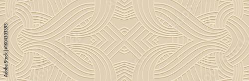 Banner, cover design, wallpaper, fresco. Geometric ethnic linear pattern on beige background. 3D, embossing, art deco. Ornaments, arabesques, mandala in the traditions of the East, Asia, India, Mexico