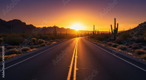 A scenic highway journey through the desert landscape, with a golden sun setting behind distant mountains.