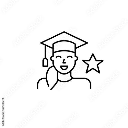 Woman in graduation hat and star. High-rated academic achievement. Premium education, award winning student. Pixel perfect, editable stroke vector icon